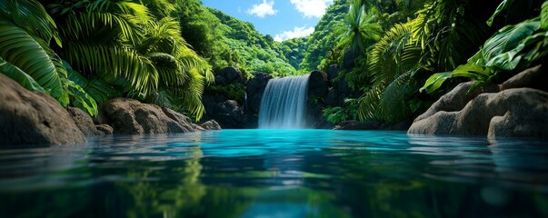 Serene, tranquil waterfall in a lush green forest, realistic, natural beauty