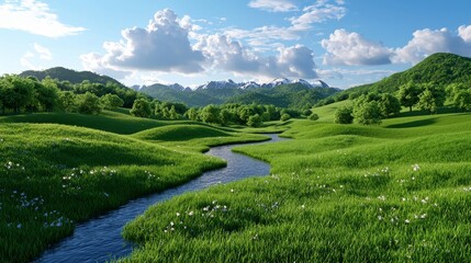 Tranquil, idyllic countryside landscape with rolling hills and a babbling brook, realistic, peaceful