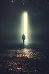 Wall Mural - a person stands in front of a large open door in a dark room