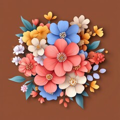 Wall Mural - A vibrant floral arrangement featuring various colorful flowers and leaves on a brown background.