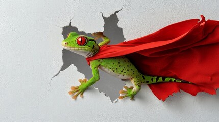 Gecko in a superhero cape scaling a haunted wall, superhero gecko, unique Halloween reptile costume