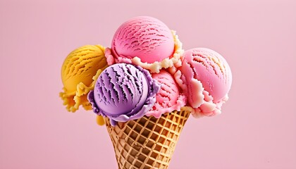 Wall Mural - Vibrant ice cream scoops piled high in a waffle cone, set against a soft pastel pink backdrop