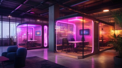 A brightly lit office space with two cubicles, one of which is pink