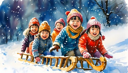 Joyful children sledding in a winter wonderland on Christmas Eve, captured in a festive watercolor illustration