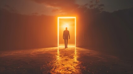 Wall Mural - a person stands in front of a large open door in a dark room