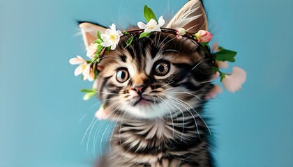 Adorable kitten adorned with flower crown against a serene blue backdrop, embodying springs beauty and perfect for Easter-themed designs and greeting cards