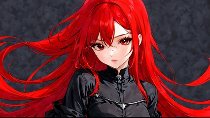 Anime Girl with Crimson Hair and Black Attire