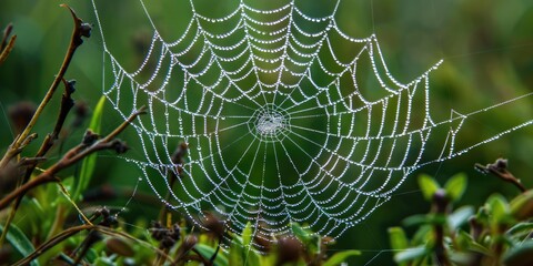 Dew covered spider web showcasing nature s intricate beauty Shimmering threads embody sophistication intricacy and unity