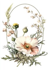 Wall Mural - A delicate floral arrangement featuring various blossoms within an oval frame.