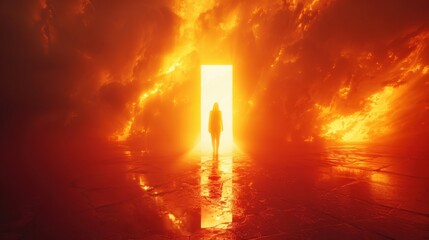 Wall Mural - a person stands in front of a large open door in a dark room