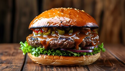 Gourmet burger overflowing with savory sauce, stacked high with fresh meat and vegetables, resting on a rustic wooden table