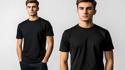 Wall Mural - A man wears a plain black t-shirt, front and back, for a t-shirt design mock-up