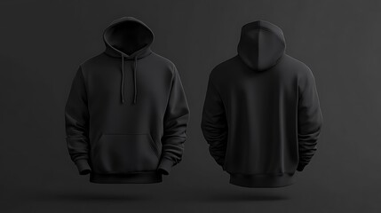 Wall Mural - Blank hoodie color black template front and back view on white background. crew neck mock up