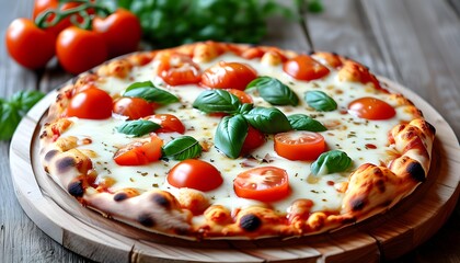 Delicious cheese and tomato pizza slice served on a rustic wooden board