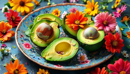 Poster - A plate of fresh avocado, cut in half, and decorated with some flowers next to it. The overall picture is full of natural flavor and colorful.