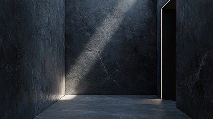 Dark minimalist stone surface illuminated by a single spotlight, creating a moody interior atmosphere, 3D rendered.