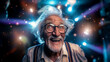 © Art of Ngu - Wide smiling grey hair grandpa dancing at night club. Happy joyful senior concept