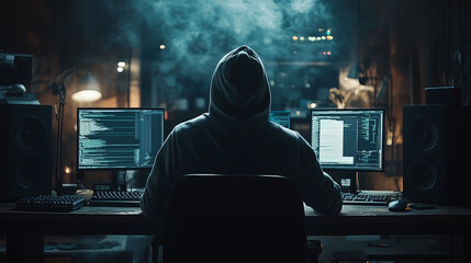 Hooded Hacker in dark room with multiple computer screens