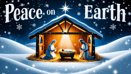 Canvas Print - Peace on Earth: The Sacred Nativity of Baby Jesus Christ on a Snow-Covered Christmas Night.