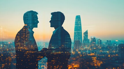 Wall Mural - Businessmen Silhouettes Cityscape Double Exposure