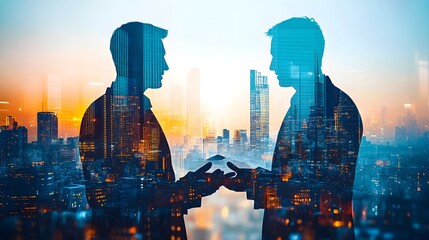 Wall Mural - Businessmen Silhouettes Cityscape Double Exposure