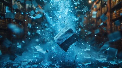 A book explodes with a blue magical force in a dimly lit library with bookshelves in the background.