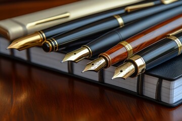 Elegant collection of fine writing pens and notebooks arranged on a polished studio desk, sophisticated and professional 