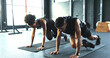 © HockleyM3/peopleimages.com - Fitness, training and workout with couple on floor of gym together for cardio, core or intensity. Active, exercise or mountain climbers with man and woman in health club for challenge or performance