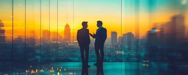 Canvas Print - Businessmen Silhouettes Cityscape Sunset Meeting