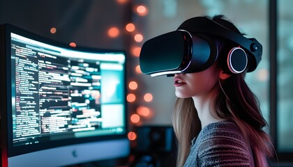 Woman immersed in virtual reality, engaged with a computer screen experience