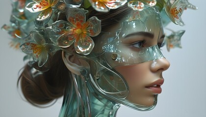 Futuristic glass and metal womans face adorned with a vibrant flowery design, blending artistry and modern aesthetics