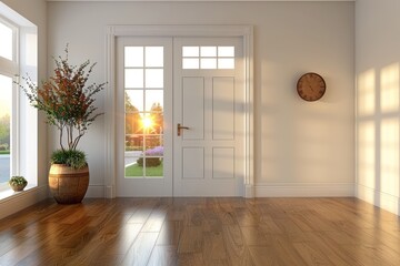 Rustic Charm: 3D Rendering of Interior Room with Wooden Door