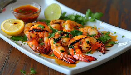 Zesty grilled shrimp drizzled with lemon sauce, a delightful seafood delight