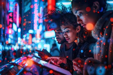 Wall Mural - A man and a woman are looking at a tablet in a city