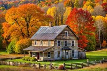 Wall Mural - Peaceful farmhouse amidst golden autumn trees