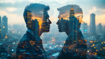 Sticker - Cityscape Double Exposure with Two Men Silhouettes