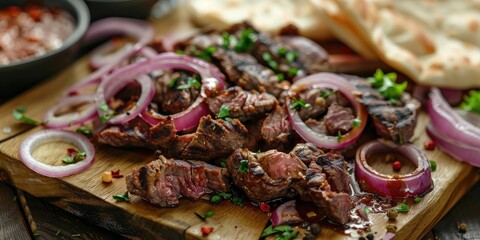 Canvas Print - Close up of fried beef meat with red onion rings sauce and pita bread on a wooden board with a shallow depth of field focus on the meat and onion