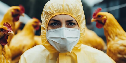 Bird Flu Epidemic with Masked Health Worker in Biohazard Suit Surrounded by Chickens