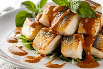 Wall Mural - close-up of a plate with seared chunks of fish, drizzled with a vibrant basil sauce