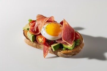 toasted bread topped with a cooked egg, slices of jamón, cherry tomatoes, and