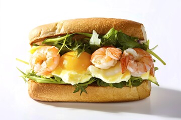 A mouthwatering high-quality photo of a perfectly cooked shrimp and egg sandwich