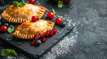 Two golden brown pastries filled with red berries, topped with fresh berries and mint leaves, on a black slate board, sprinkled with powdered sugar.