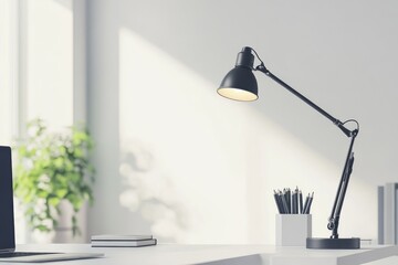 Stylish desk lamp with adjustable arm and modern design, placed on a contemporary desk in a bright studio setting