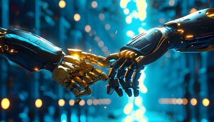 Futuristic encounter of robotic hands connecting, one cradling a golden object amidst a vibrant blue backdrop illuminated by glowing lights