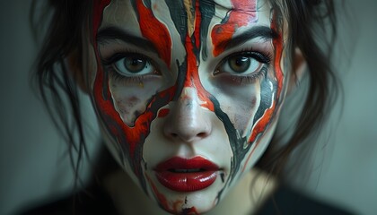 Sticker - Eerie portrait of a woman with abstract patterns, large piercing eyes, and a mouth twisted in a demonic expression, evoking an unsettling atmosphere.