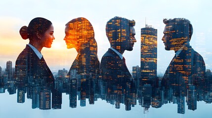 Poster - Cityscape Silhouette with Business People - Modern Urban Concept