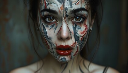 Sticker - Eerie portrait of a woman with abstract patterns, large piercing eyes, and a mouth twisted in a demonic expression, evoking an unsettling atmosphere.