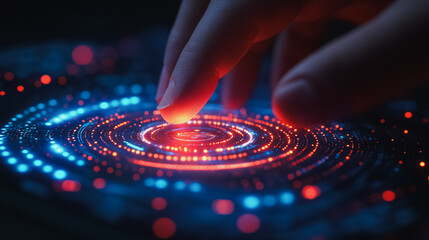 Wall Mural - detailed view of a button being pressed on a contemporary touchscreen panel, user interface technolo