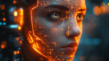 Wall Mural - a woman's face is made of circuits and glowing lights. the image conveys a futuristic and technologi
