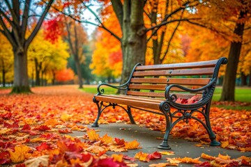 Wall Mural - Wooden bench on path covered in bright autumn leaves